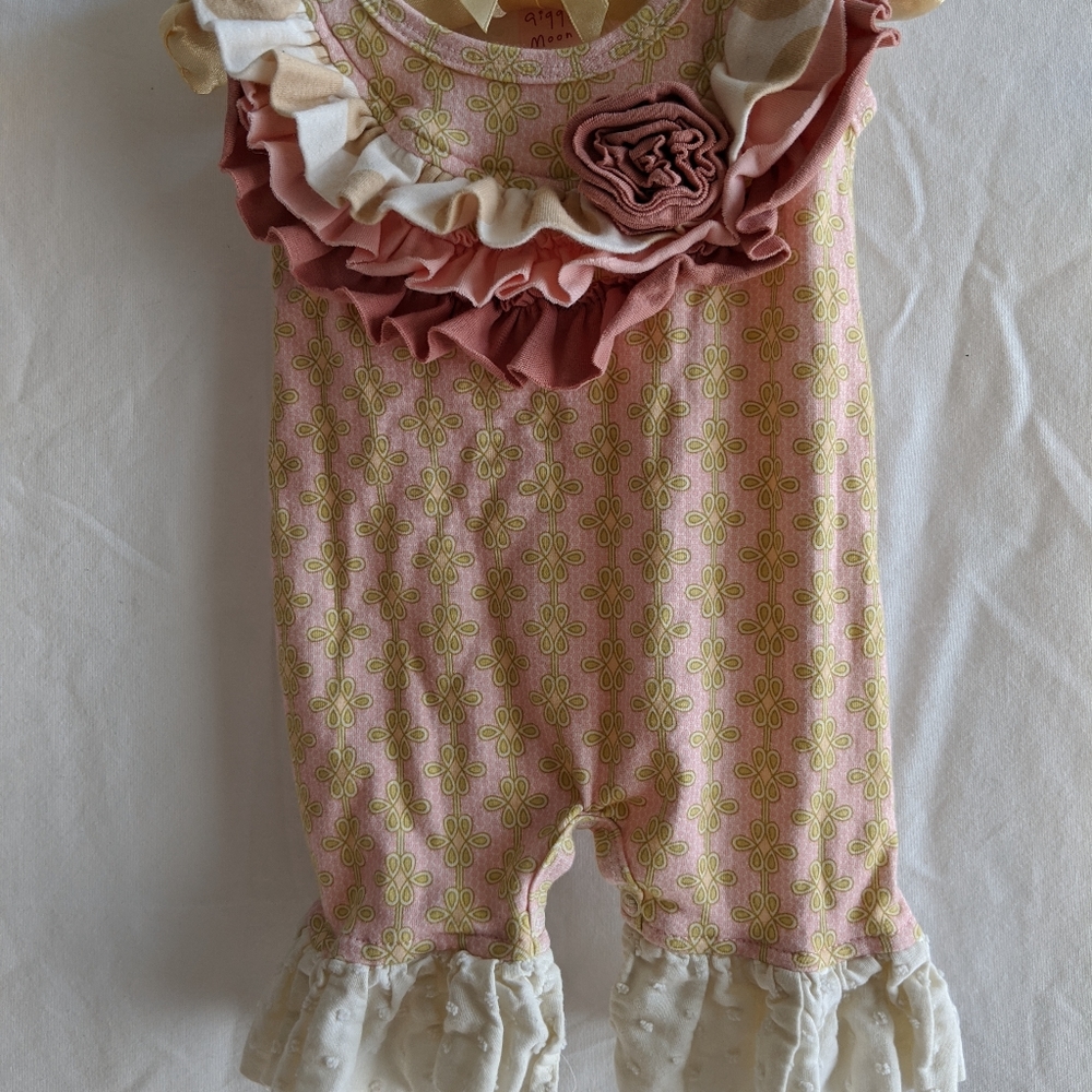 Giggle Moon Pink/Tan Ruffled Romper.  Size Newborn